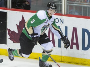 Prince Albert Raiders Mackenze Stewart during a regular-season WHL game against the Vancouver Giants at the Pacific Coliseum in Vancouver, B.C.  Wednesday December 10, 2014.   (Ric Ernst / PNG)