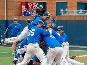 UBC Thunderbirds celebrate Monday afternoon in Portland after defeating the host and top-seeded Concordia Cavaliers 5-2 in the championship final of the NAIA West Region championships. UBC Now advances to the NAIA World Series. (Christopher Oertell/CJImagesNW.com)