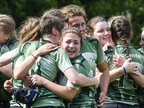 The Green Machine in celebration! GP Vanier Towhees celebrate a repeat BC title Saturday at North Vancouver's Klahanie Park. (Steve Bosch, PNG)