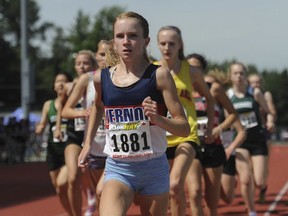 Vernon's Hannah Bennison took an early lead in the 3,000 metres Saturday in Langley and never gave it up en route to a new BC meet record. (Jason Payne, PNG)