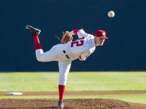 Canadians pitcher Jon Harris pitches in the first inning of the season home opening game at the newly renovated Nat Bailey stadium, Vancouver, June 26 2015. (Gerry Kahrmann/PNG)