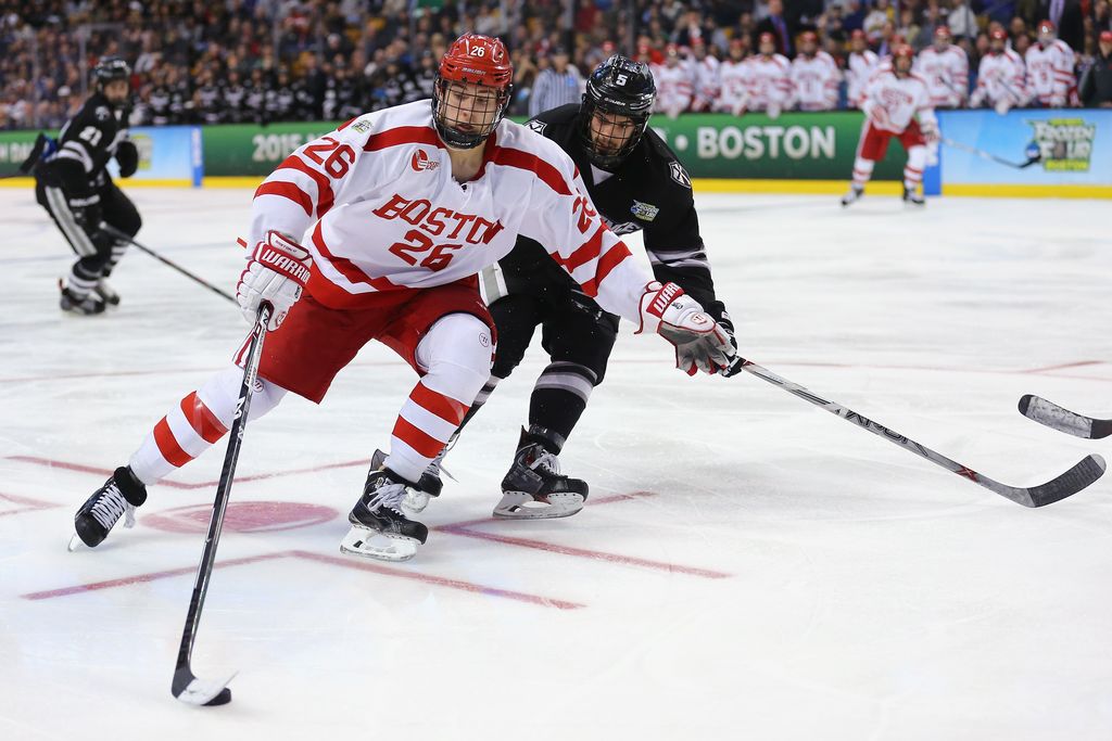 <>during the second period of the 2015 NCAA Division I Men's Hockey Championships at TD Garden on April 11, 2015 in Boston, Massachusetts.