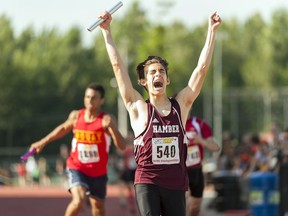 Leo Ando of Vancouver's Eric Hamber Secondary celebrates dramatic victory in senior boys 4x400-metre relay at the B.C. high school championship meet last Saturday in Langley. (Photo property of Wilson Wong, UBC athletics)