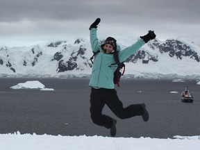UBC's Katherine Tourigny jumps for joy during 2014 research expedition of Antarctica. (Photo courtesy Katherine Tourigny)