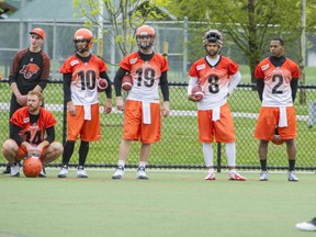 BC Lions quarterbacks Travis Lulay, Jordan Rodgers, Travis Partridge, Jonathon Jennings, Greg McGhee, left to right watch quarterback John Beck, right during the CFL's team mini camp for their offence players at Cloverdale Athletic Grounds in Surrey Tuesday April 28, 2015.  (photo by Ric Ernst / PNG)