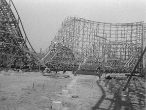 Construction of the wooden roller coaster at the Pacific National Exhibition's Playland amusement park, which opened to the public in 1958.