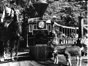 A goat gets in the way of the Stanley Park train in this 1970 photo.