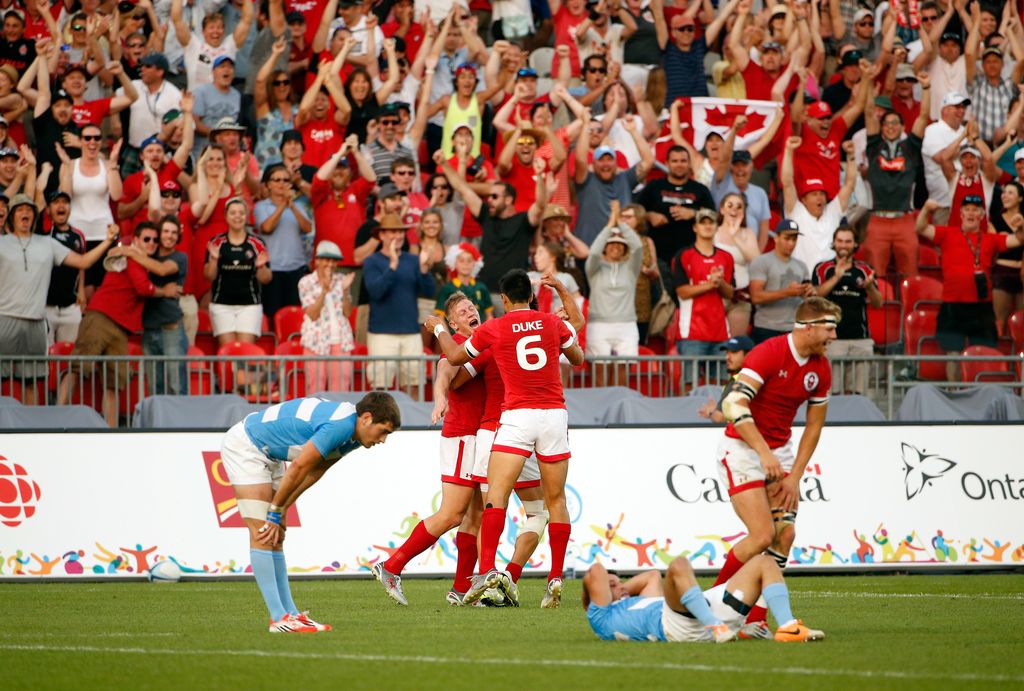 TORONTO, ON - JULY 12:  Canada celebrates after they beat Argentina  to win the gold medal in the men's Rugby 7 competition on Day 2 of the Toronto 2015 Pan Am Games on July 12, 2015 in Toronto, Canada.  (Photo by Ezra Shaw/Getty Images)