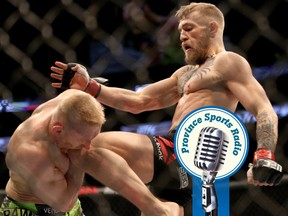 FILE - This Jan. 18, 2015, file photo, Conor McGregor, of Ireland, right, lands a knee against Dennis Siver, of Germany, during their featherweight fight at UFC Fight Night, in Boston. McGregor's heavy hands are only one reason he's getting a featherweight title shot in just his sixth UFC fight. The Irish brawler's outlandish personality has captivated the sport, but he realizes his tough talk will fall flat if he doesn't beat late replacement Chad Mendes at UFC 189 in Las Vegas on Saturday, July 11. (AP Photo/Gregory Payan,File)