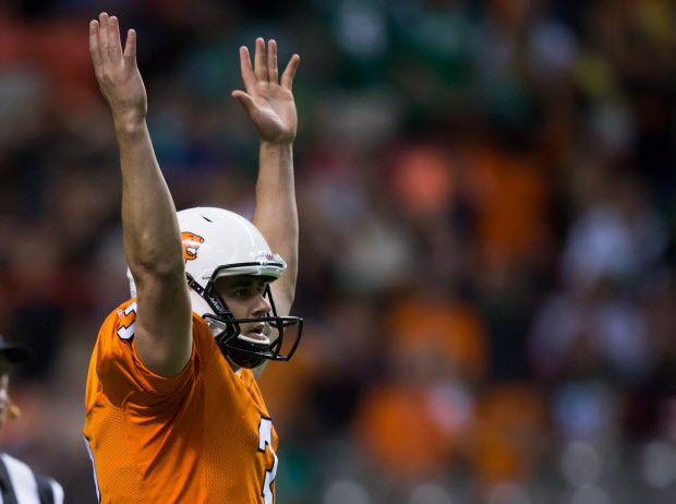 B.C. Lions' kicker Richie Leone celebrates his 56-yard game-tying field goal that forced overtime during the second half of a CFL football game against the Saskatchewan Roughriders in Vancouver, B.C., on Friday July 10, 2015. THE CANADIAN PRESS/Darryl Dyck