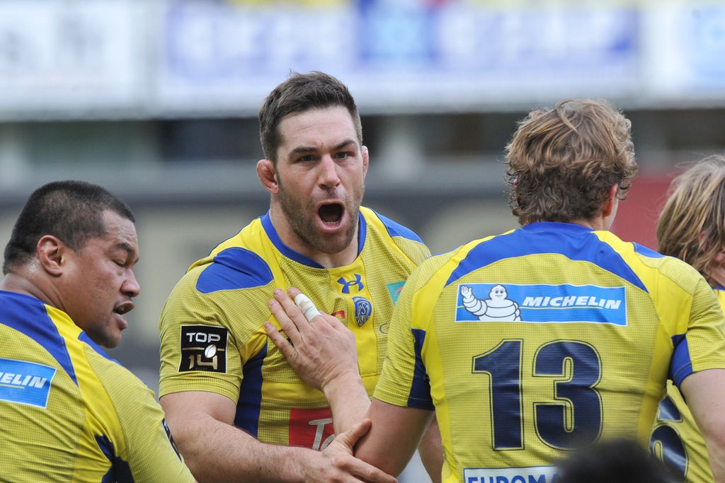 Clermont's Canadian lock Jamie Cudmore (C) jubilates after scoring a try during the French Top 14 rugby union match between Clermont Auvergne (ASM) and Montpellier Herault Rugby Club at the Marcel Michelin stadium in Clermont-Ferrand, central France, on February 22, 2014. AFP PHOTO / THIERRY ZOCCOLAN        (Photo credit should read THIERRY ZOCCOLAN/AFP/Getty Images)