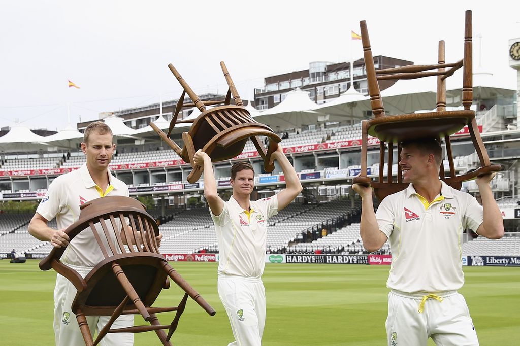LONDON, ENGLAND - JULY 15: Adam Voges, Steve Smith and David Warner of Australia carry chairs after a team photo during a nets session ahead of the 2nd Investec Ashes Test match between England and Australia at Lord's Cricket Ground on July 15, 2015 in London, United Kingdom.  (Photo by Ryan Pierse/Getty Images)