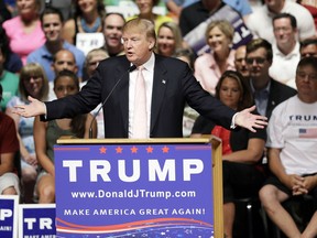 Republican presidential candidate Donald Trump speaks at a rally and picnic in Oskaloosa, Iowa.