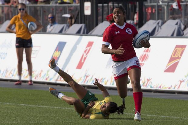 Canada's Magali Harvey (right) breaks through a tackle from Brazil's Edna Santini to score during women's rugby sevens at the Pan Am games in Toronto on Saturday July 11. 2015. THE CANADIAN PRESS/Chris Young