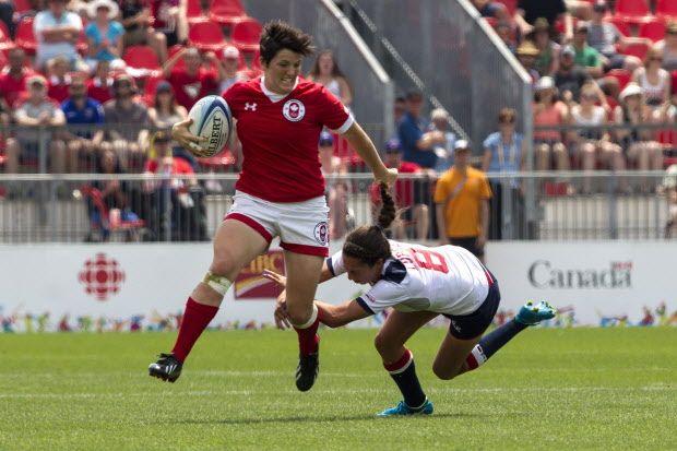 Canada's Brittany Benn (left) skips past the USA's Hannah Lopez to score during women's rugby sevens at the 2015 Pan Am Games in Toronto, Ont., on Sunday, July 12, 2015. THE CANADIAN PRESS/Chris Young