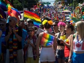 People pack downtown streets during the Vancouver Pride Parade Last Aug. 3, 2014. This is the 37th edition of the parade and festival. (Darryl Dyck, CP files)