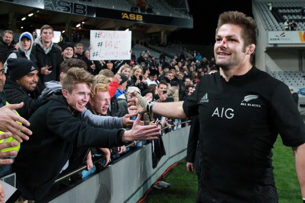 Richie McCaw of New Zealand celebrates after the All Blacks won the Bledisloe Cup rugby union match between the Australian Wallabies and New Zealand All Blacks in Auckland on August 15, 2015.   AFP PHOTO / FIONA GOODALLFiona GOODALL/AFP/Getty Images