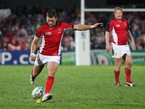 Canada's fullback James Pritchard kicks the ball during  the 2011 Rugby World Cup pool A match France vs Canada at McLean Park in Napier on September 18, 2011. (Marty Melville/AFP/Getty Images)