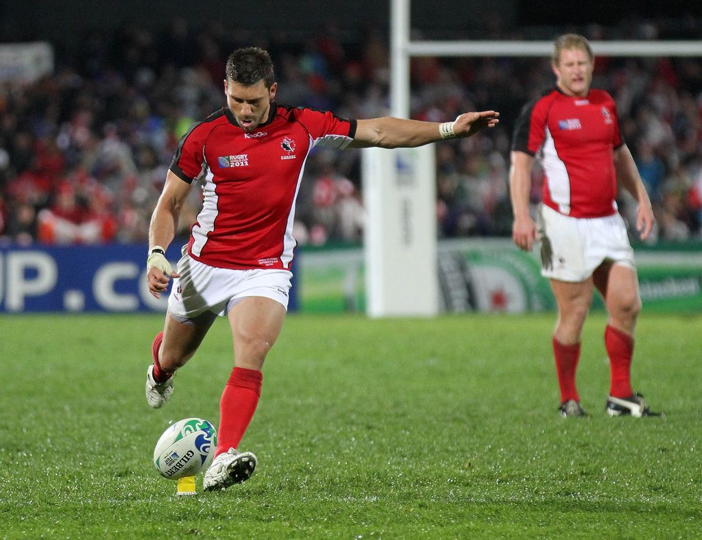 Canada's fullback James Pritchard kicks the ball during  the 2011 Rugby World Cup pool A match France vs Canada at McLean Park in Napier on September 18, 2011. AFP PHOTO / Marty Melville (Photo credit should read Marty Melville/AFP/Getty Images)
