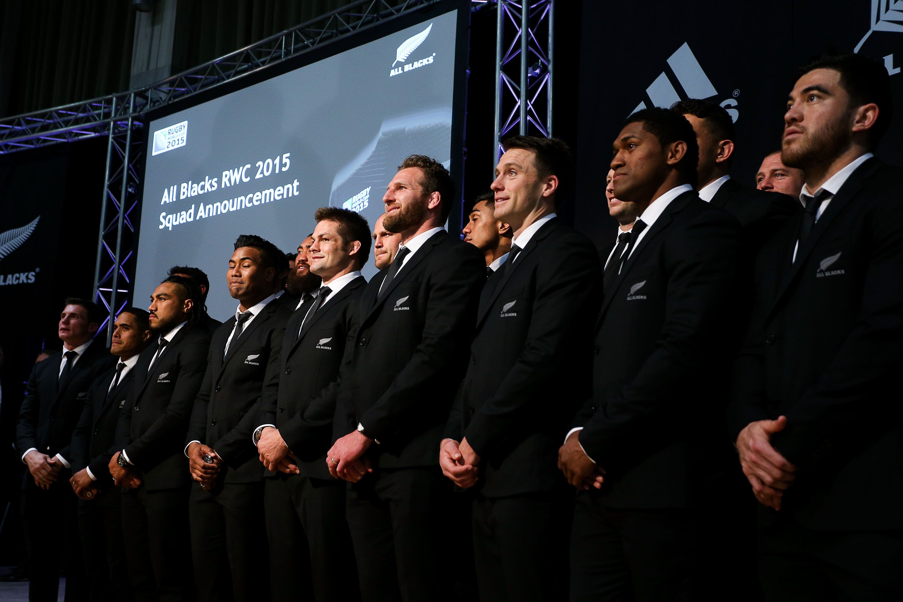 WELLINGTON, NEW ZEALAND - AUGUST 30:  Players look on during the New Zealand All Blacks Rugby World Cup team announcement at Parliament House on August 30, 2015 in Wellington, New Zealand.  (Photo by Hagen Hopkins/Getty Images)