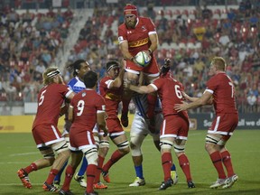 Canada's Tyler Hotson goes up for the ball against Samoa during the first half of their Pacific Nations Cup rugby match Wednesday July 29, 2015 in Toronto. THE CANADIAN PRESS/Jon Blacker
