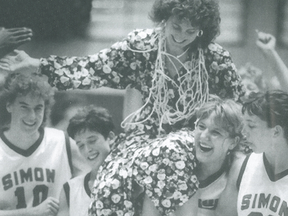 Allison McNeill would go on to coach the Canadian women’s basketball team at the 2012 London Olympics, but in 1990, she was carried off the court at Simon Fraser University after guiding the Clan women to their first-ever national championship tournament berth. The achievement is being celebrated as one of the 50 Most Incredible Moments in Clan history. (Photo — SFU athletics)