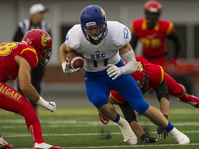 UBC's David Mann faces the Calgary Dinos' defence Friday night at McMahon Stadium. Calgary topped UBC in the Canada West opener for both teams. (Richard Lam/UBC athletics)