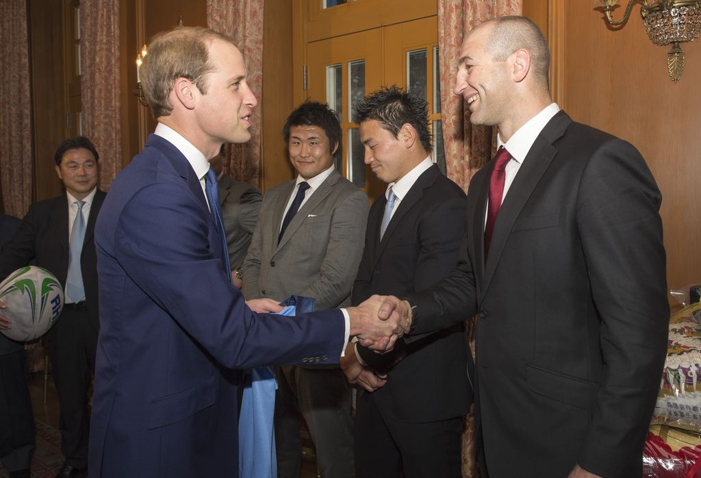 TOKYO, JAPAN - FEBRUARY 27:  Japans Rugby World cup coach Steve Borthwick meets Prince William, Duke of Cambridge at a reception at Togo Palace, given by the Ambassador, where he met high profile Japanese figures including politicians, artists, young leaders, sportsmen and other leaders in their field on February 27, 2015 in Tokyo, Japan. The Duke of Cambridge is visiting Japan from February 26th to March 1st 2015.  (Photo by Arthur Edwards - WPA Pool /Getty Images)