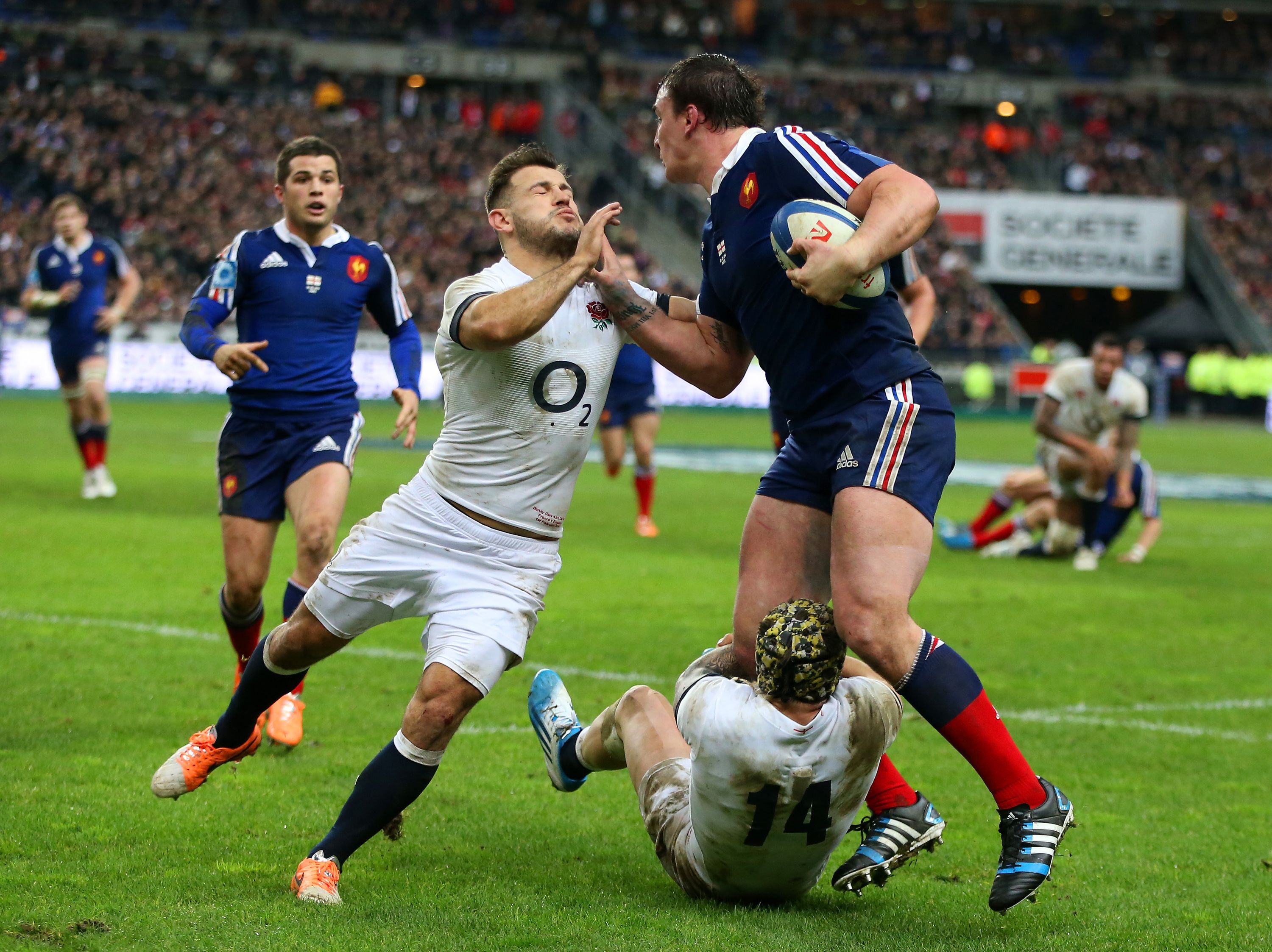 PARIS, FRANCE - FEBRUARY 01:  Danny Care of England clashes with Louis Picamoles of France  during the RBS Six Nations match between France and England at Stade de France on February 1, 2014 in Paris, France.  (Photo by David Rogers/Getty Images)