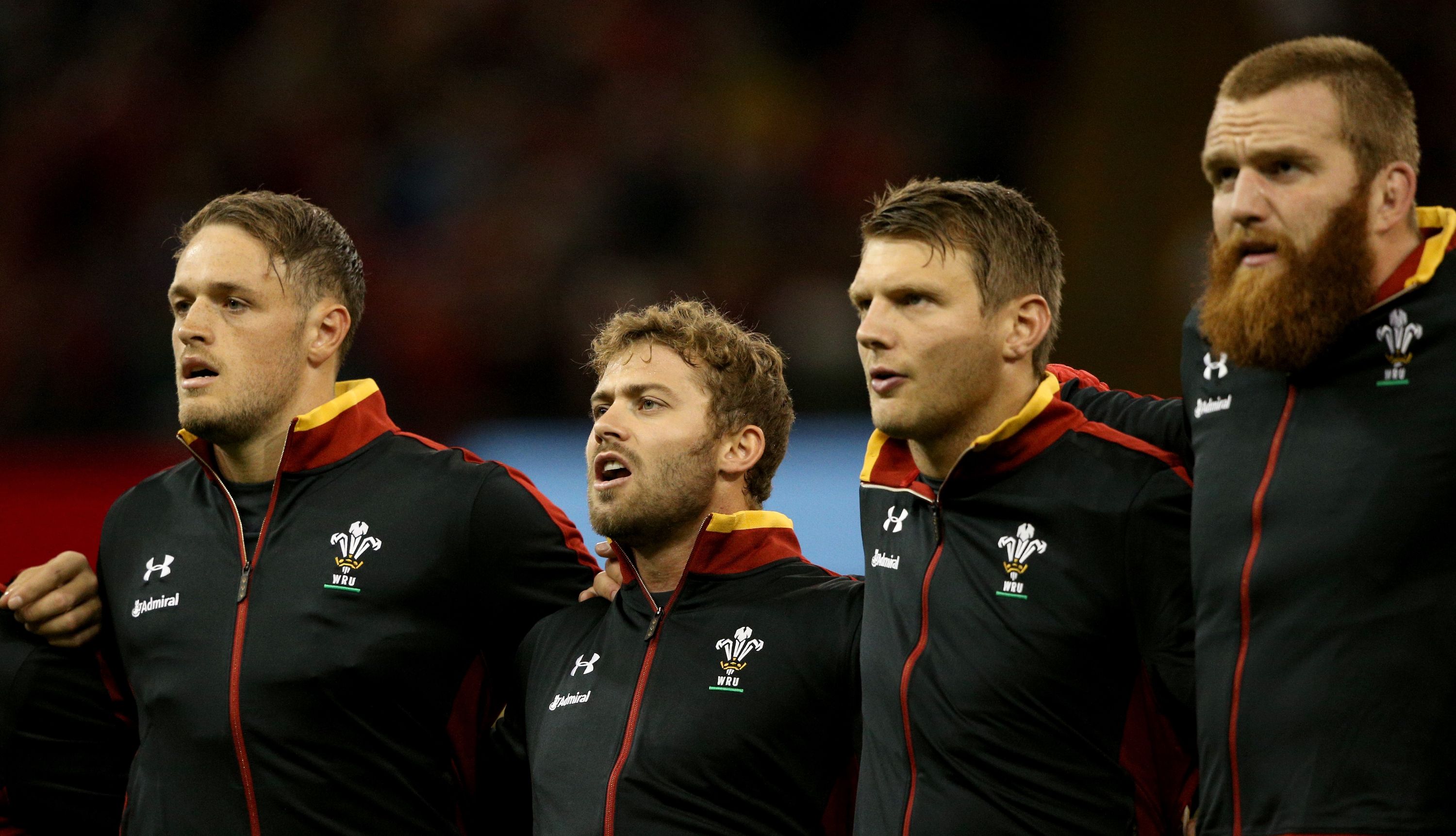 CARDIFF, WALES - SEPTEMBER 05:  Wales player Leigh Halfpenny (2nd left) sings the national anthem before the International match between Wales and Ireland at Millennium Stadium on September 5, 2015 in Cardiff, Wales.  (Photo by Stu Forster/Getty Images)
