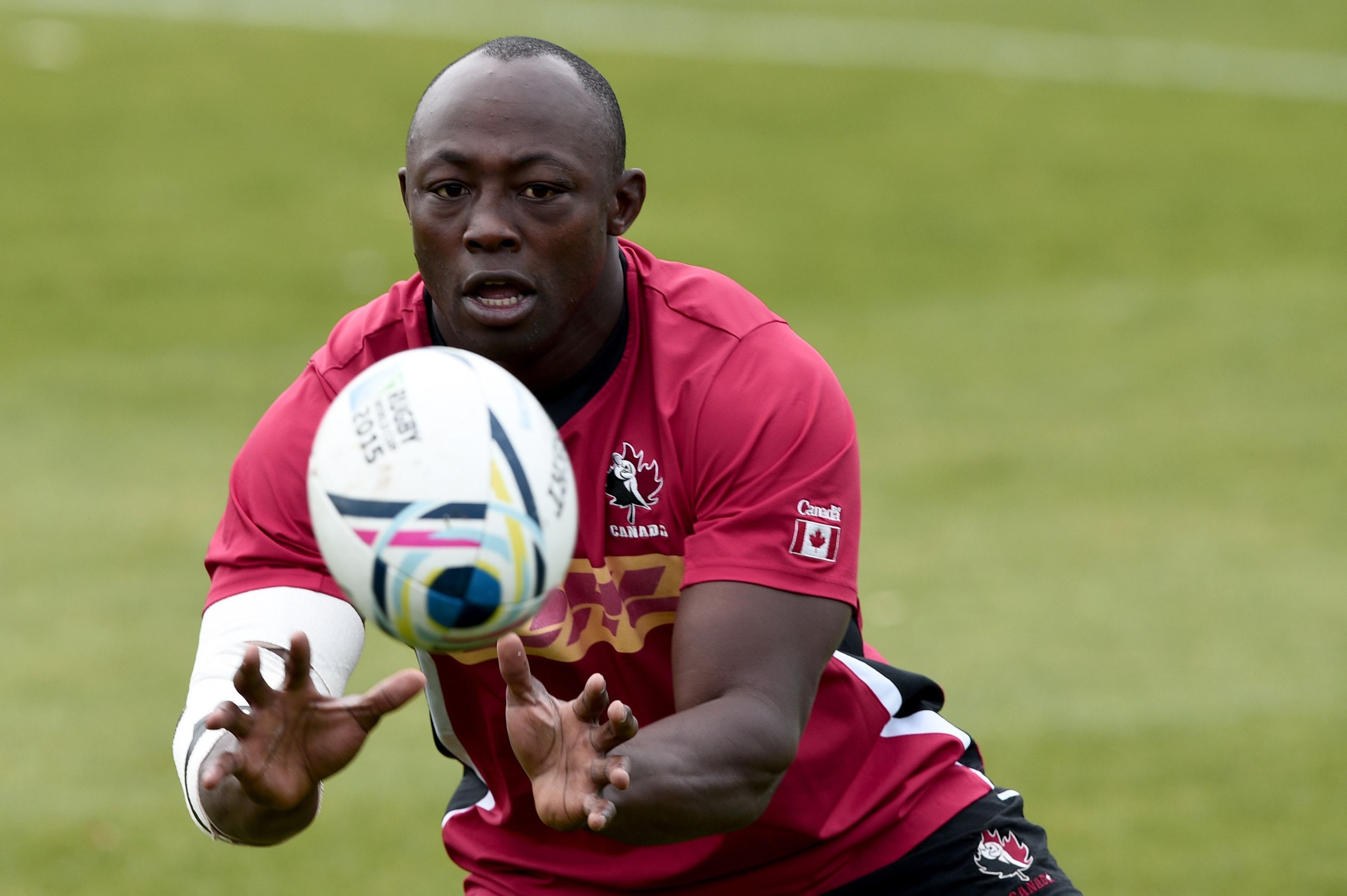 Canada's flanker Nanyak Dala takes part in a training session at Swansea university, on September 15, 2015, ahead of the 2015 Rugby Union World Cup. The 2015 Rugby World Cup starts on September 18.  AFP PHOTO / DAMIEN MEYER        (Photo credit should read DAMIEN MEYER/AFP/Getty Images)