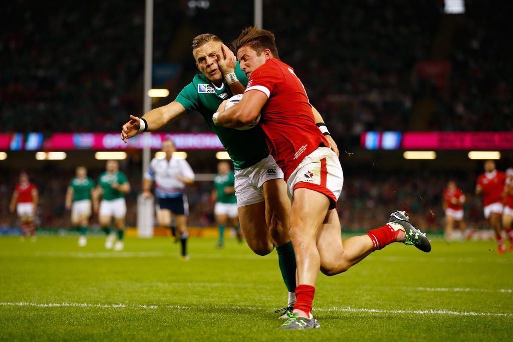 CARDIFF, WALES - SEPTEMBER 19:  DTH Van Der Merwe of Canada scores his team's try during the 2015 Rugby World Cup Pool D match between Ireland and Canada at the Millennium Stadium on September 19, 2015 in Cardiff, United Kingdom.  (Photo by Laurence Griffiths/Getty Images)