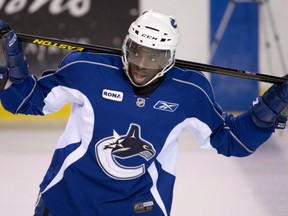 Vancouver Canucks Jordan Subban skates during the teams training camp at UBC arena in Vancouver, Thursday, Sept, 12, 2013.  THE CANADIAN PRESS/Jonathan Hayward