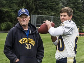 South Delta''s new starting quarterback, Kyle Chace, works out under the eye of offensive coordinator Mark McDonald on Tuesday afternoon in Tsawwassen. (PNG photo)