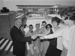 Original Simon Fraser University president Patrick McTaggart-Cowan with students on opening day Sept. 7, 1965. (PNG files)