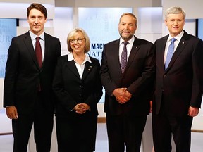 Party leaders (from left) Justin Trudeau (Liberal), Elizabeth May (Green), Thomas Mulcair (NDP) and Stephen Harper (Conservative).