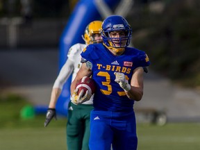 UBC's Brandon 'Banger' Deschamps rushed for a career-high three touchdowns Saturday in UBC's win over Alberta at Thunderbird Stadium. (Bob Frid, UBC athletics)