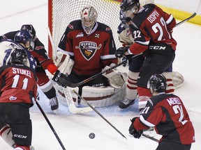 Goaltender Payton Lee of the Vancouver Giants makes a save against the Tri-City Americans during the second period of their WHL game at the Pacific Coliseum on October 16, 2015 in Vancouver, British Columbia, Canada. (Photo by Ben Nelms/Getty Images)
