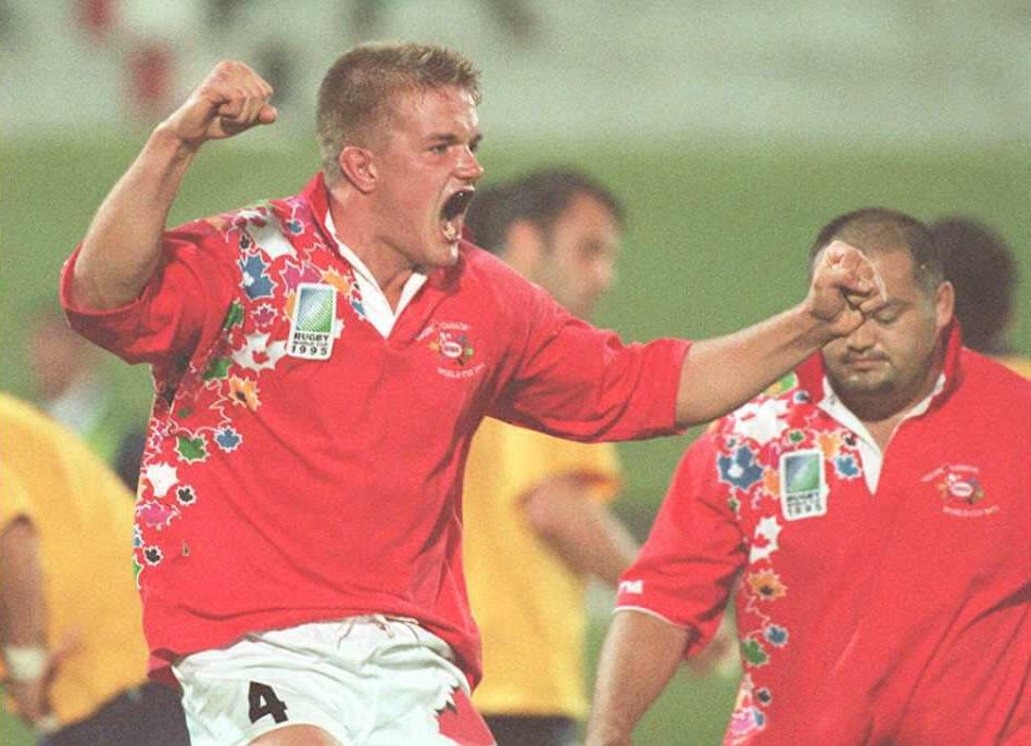 Believe me, Mike James still gets this excited. In 1995, Canada won 34-3.  (VINCENT AMALVY/AFP/Getty Images)