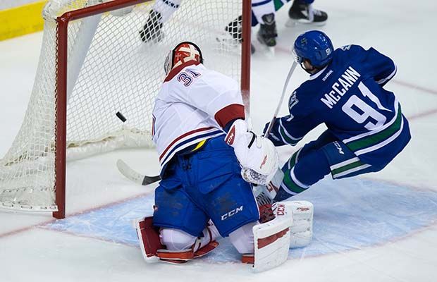 Jared McCann puts one past Carey Price on Tuesday night at Rogers Arena.