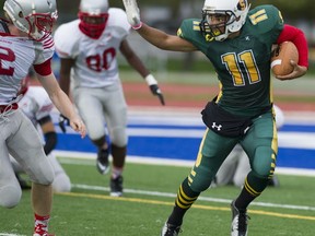Langley Saints' running back Azuka Okoli rushed for over 100 yards and a pair od touchdowns Saturday as Langley topped host Frank Hurt. (PNG file photo)