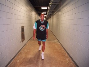 Vancouver Grizzlies' Blue Edwards takes the walk from the Rose Garden locker rooms to the floor for the franchise's first-ever NBA regular season game on Nov. 3, 1995. (Dan Levine, Special for The Province)