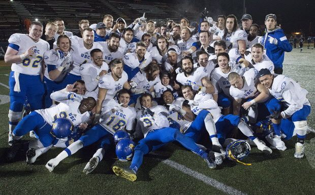 UBC Thunderbirds celebrate after defeating the St. Francis Xavier X-Men 36-9 to win the Uteck Bowl in Antigonish, N.S., on Saturday, Nov. 21, 2015. UBC will face the Montreal Carabins for the Vanier Cup. THE CANADIAN PRESS/Andrew Vaughan