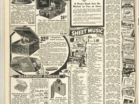 Leafing through old catalogues, one can marvel at all the stuff people used to buy and how inexpensive things seemed, at least from the point of view of modern incomes. The top stereo to the left in the 1926 Eaton’s catalogue in ‘fumed oak or mahogany’ finish cost just $32.50, and came with 12 records, a brush, 400 steel needles and some 3-in-1 oil.