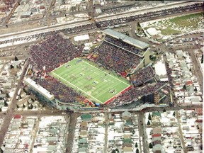 Look closely, around the 10-yard line on the far side. Jonathan McDonald was right about there at this game, the 1995 Grey Cup. Those temporary stands to the left? They swayed a fair bit during the evening. It was just a tad scary; the boys were relieved not to be sitting there.
