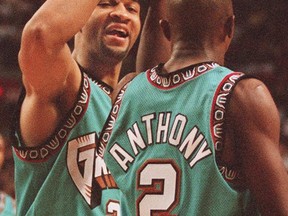 Blue Edwards (left) and Greg Anthony celebrate a basket during the franchise's very first regular season game, 20 years ago, on Nov. 3, 1995 in Portland. (Dan Levine, PNG photo)