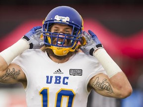 The 'Birds perfect 10, free safety Taylor Loffler flexed his muscles Saturday with 11.5 tackles in the Hardy Cup win at Calgary. (Richard Lam, UBC athletics)