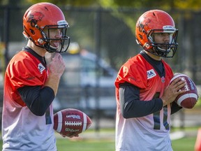 Jon Jennings (right) is expected to share tme with Travis Lulay (left) and Greg McGhee when BC wraps up the regular season Saturday against Calgary. (PNG photo by Ric Ernst)