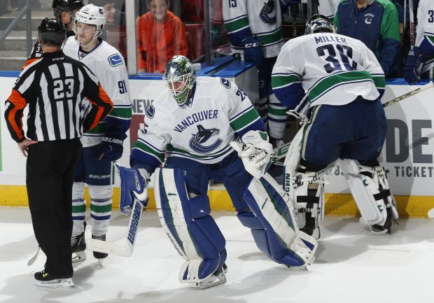Jacob Markstrom had to pinch hit for Ryan Miller in Sunday's shootout vs. Florida. (AP Photo/Joel Auerbach)