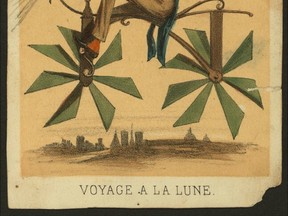French cartoon published between 1865 and 1870, Voyage a la lune, shows man riding on a bicycle-like flying machine while looking through a telescope attached to the front. Two balloons, ‘Veloc[ipedes]’ and ‘Domanie,’ are attached at front and rear as are propeller-like wheels.
(U.S. LIBRARY OF CONGRESS FILES)